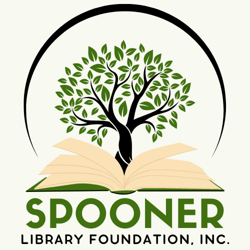 Logo of the Spooner Library Foundation, Inc. featuring an open book with a tree growing from it, encircled by an arch.