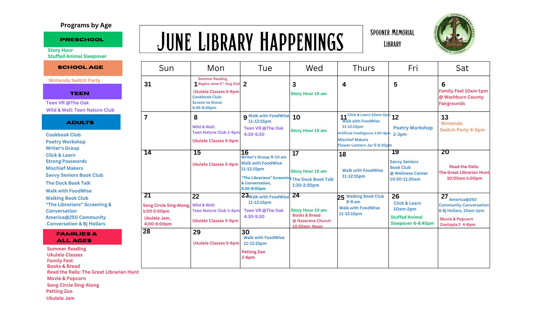 June Library Monthly Calendar.